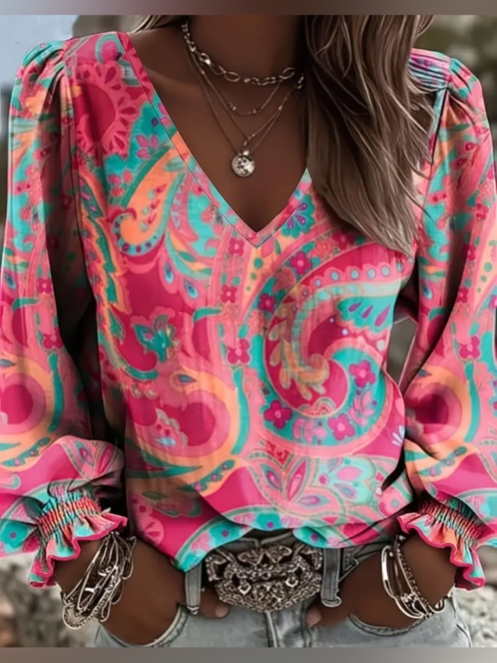 Paisley Colorful Pink & Turquoise Puff-Sleeve V-Neck Blouse